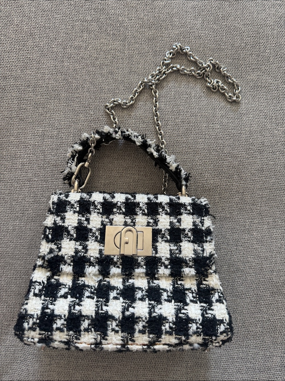 Furla Black & White Tweed Mini Top-Handle Bag with Chain